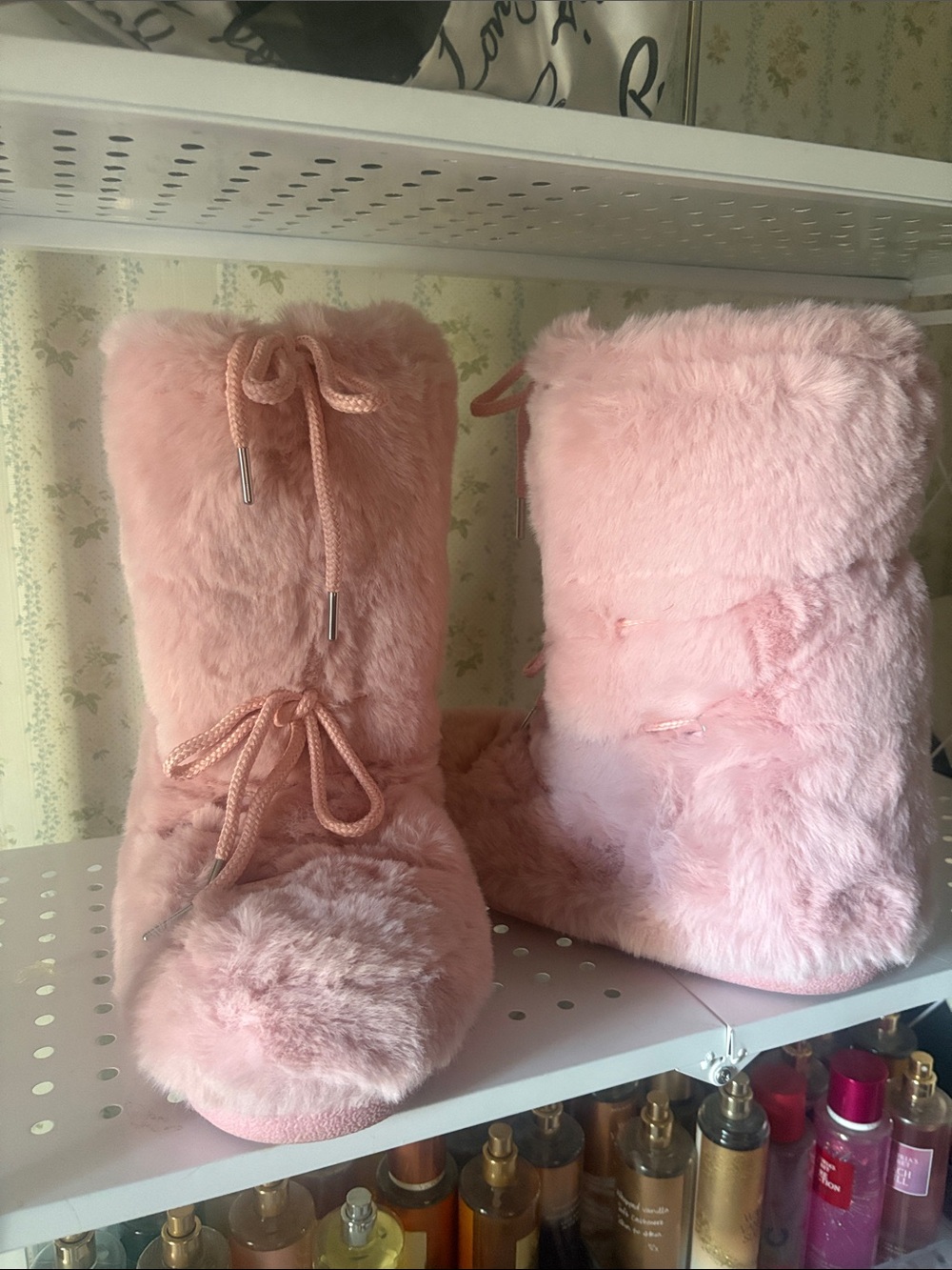 Cozy Plush Pink Faux-Fur Winter Boots with Lace Tie